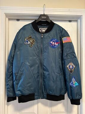 NASA Up and Away Patch Bomber Jacket in Teal with Black Trim